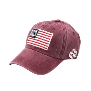Berretto da baseball bordeaux lavato con ricamo bandiera americana e toppa USA