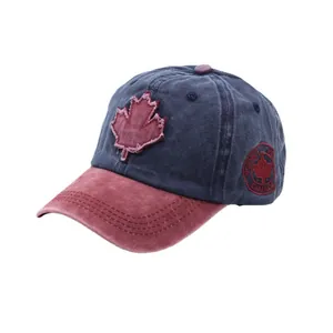 Navy and red washed cotton baseball cap with Canada maple leaf embroidery detail