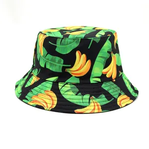 Chapeau Bob en Coton Imprimé Banane Ananas Fruit Tropical Pare-Soleil Extérieur Voyage Chapeau de Pêcheur pour Hommes Femmes