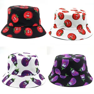 Sombrero de Pescador Estampado con Tomate y Berenjena de Dibujos Animados para Mujer Hombre Algodón Exterior Verano Sombrilla Gorra Pesca Casual