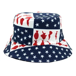 Red white and blue bucket hat featuring American flag stars and striped fish patterns