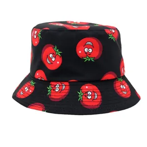 Sombrero de pescador negro para mujer con estampado de tomate para protección solar