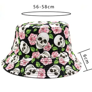 Black bucket hat with gothic skull and pink rose print featuring a 6cm wide sun-shield brim