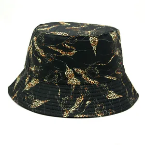 Close-up of leopard print pattern and parallel stitching on black bucket hat