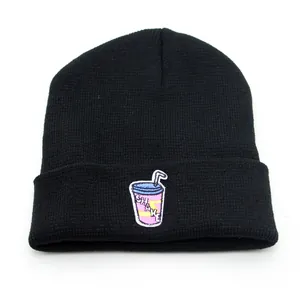 Women Men Knitted Cuffed Beanie Hat With Milkshake Shake Embroidery Patch Soft Warm Winter Skull Cap Outdoor Streetwear Hat