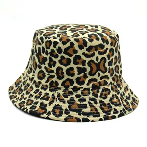 Detail of leopard print bucket hat showing reinforced stitching on the brim