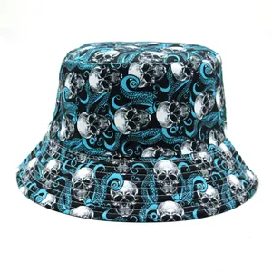 Unisex bucket hat featuring black and white skull patterns and blue octopus tentacles prints