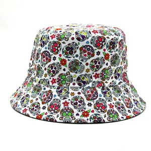 Close-up of vibrant Mexican sugar skull pattern printed on durable canvas bucket hat
