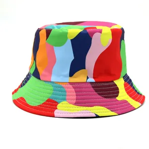 Detail view of colorful abstract camouflage bucket hat with reinforced brim stitching