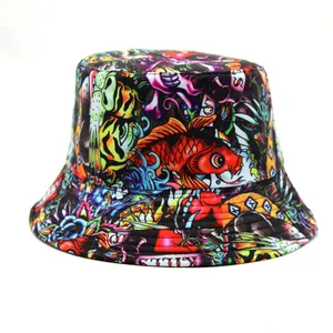 Detail of the vibrant tattoo-style koi and tiger prints on this bucket hat