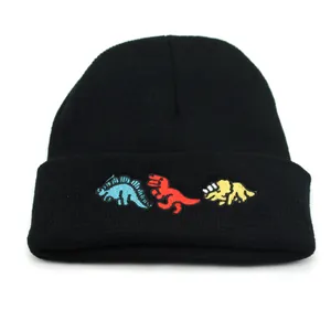 Cartoon Dinosaur Embroidery Knit Beanie Hat For Men Women Autumn Winter Warm Cuffed Knitted Pullover Skull Cap