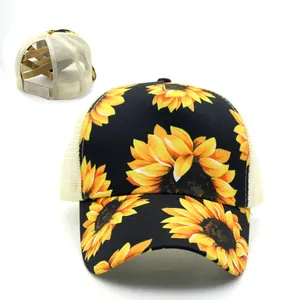Damen-Pferdeschwanz-Baseballkappe mit Sonnenblumenmuster und atmungsaktivem Netz
