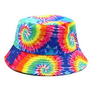 Καπέλο Bucket Tie-Dye Ουράνιο Τόξο Διπλής Όψεως Βαμβακερό Προστασία από τον Ήλιο Υπαίθριο Για Άνδρες Γυναίκες Καλοκαίρι Παραλία Ταξίδι Αξεσουάρ Μόδας