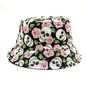 Detail of bucket hat with skull and pink rose pattern and reinforced brim stitching