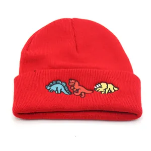 Detail of red knit beanie featuring colorful dinosaur embroidery on the folded cuff