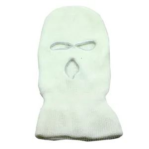 Detailed close-up of white 3-hole knitted balaclava with reinforced stitched eye and mouth holes