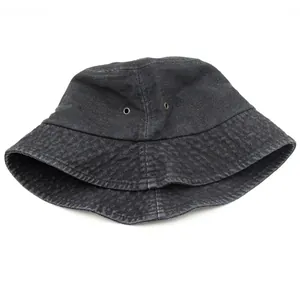 Classic washed black denim bucket hat with wide brim and metal eyelets for outdoor sun protection