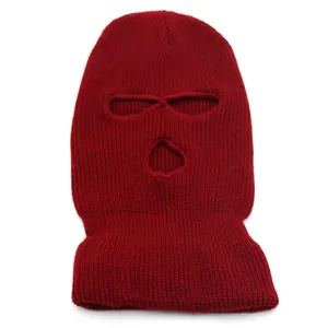 Dark red 3-hole knitted balaclava ski mask with warm ribbed texture for outdoors