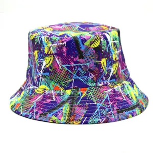 Close-up of colorful graffiti print fisherman hat made of lightweight durable polyester