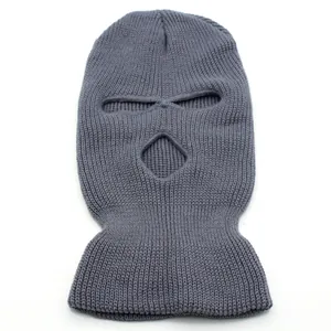 Detailed texture of charcoal grey 3-hole knitted balaclava with durable winter material