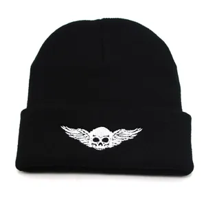 Skull Wings Embroidery Knit Beanie Hat For Men Women Autumn Winter Warm Outdoor Ski Pullover Woolen Hat Black