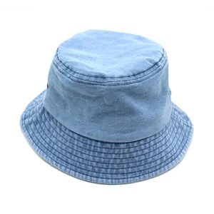 Classic washed light blue denim bucket hat with wide brim for outdoor sun protection
