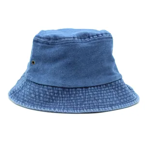 Classic washed denim bucket hat in navy blue with metal air vents and stitched brim
