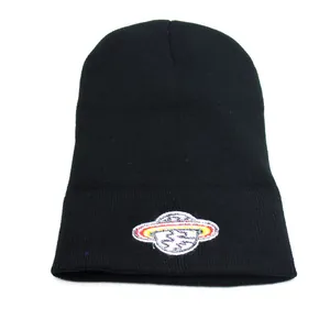 Black knit beanie with colorful planet embroidery for street style autumn and winter wear