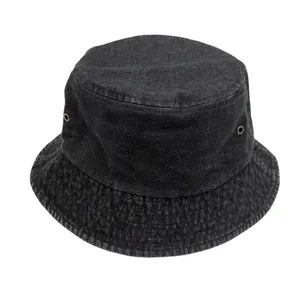 Classic washed black denim bucket hat with metal eyelets and stitched brim for sun protection