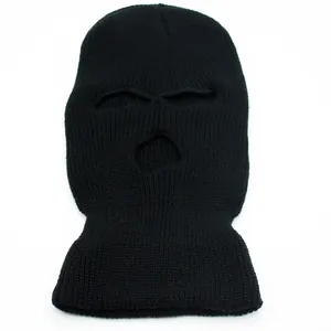 Close-up of the ribbed knit texture and eye holes on this 3-hole black balaclava mask