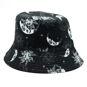 Detail of black sun and moon print bucket hat with reinforced stitching on the brim