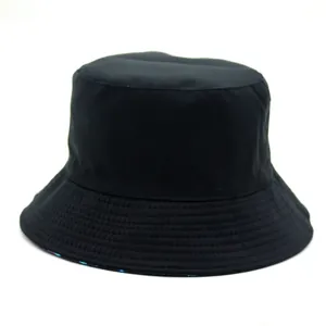 Detailed view of black bucket hat with reinforced stitching on brim and durable fabric