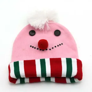 Pink knit Christmas hat for kids with pompom, 3-color striped cuff and cartoon face