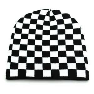 Unisex black and white checkerboard knit beanie hat for winter warmth and street style