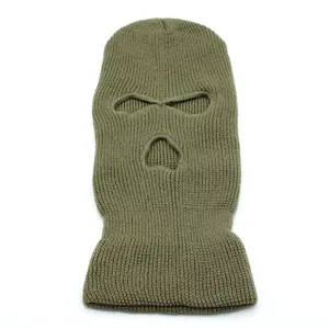 Close-up of army green 3-hole knitted balaclava showing ribbed texture and stitching