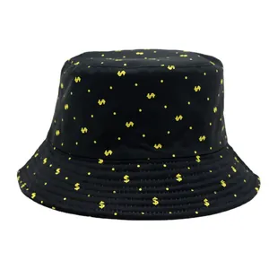Classic black bucket hat with yellow dollar sign pattern for outdoor street style