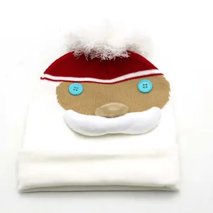 Detail of Christmas knitted beanie featuring white pom-pom and plush beard accent