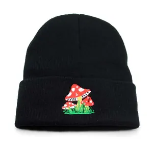 Casual Mushroom Embroidered Knit Beanie For Men Women Autumn Winter Warm Soft Cuffed Skull Cap Slouchy Knit Hat