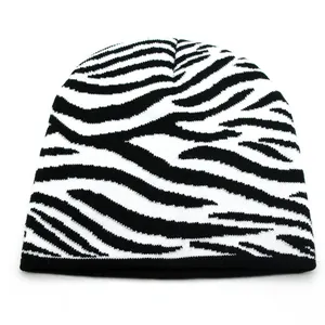 Close-up of the black and white zebra pattern on a warm winter knit beanie hat