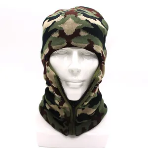 Cagoule d'hiver doublée polaire camouflage bonnet tricoté avec zip pour chaleur extérieure