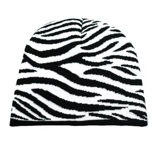 Winter zebra print knit beanie hat in black and white soft wool for men and women