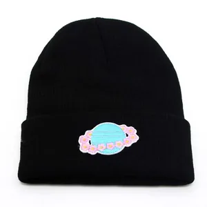 Unisex Winter Warm Knitted Beanie Hat Planet Earth Flower Embroidery Outdoor Casual Black Woolen Yarn Skull Cap