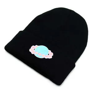 Winter warm black knitted beanie featuring Earth embroidery and pink floral accents