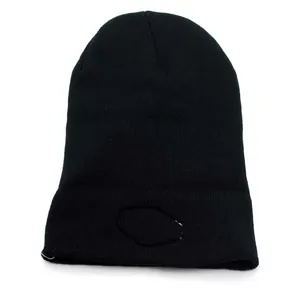 Classic black knitted beanie with space earth embroidery and warm ribbed texture