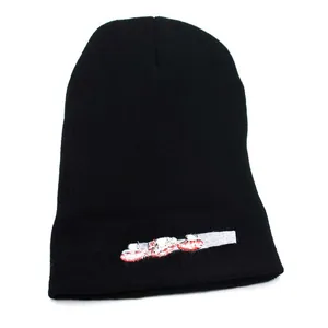 Bonnet noir en maille avec broderie de champignon, chapeau d'hiver chaud pour hommes et femmes