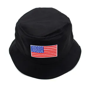 Black cotton bucket hat with American flag embroidery on the front for sun protection