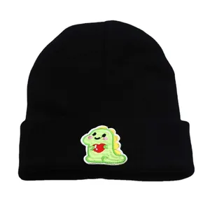 Winter black knit beanie featuring a cute cartoon dinosaur embroidery with red heart