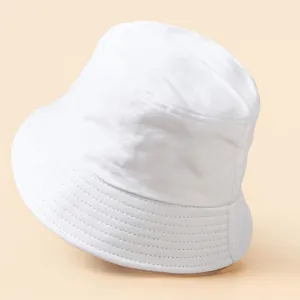 Close-up of fine parallel stitching details on a white cotton canvas bucket hat brim