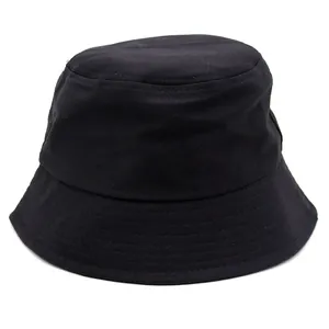 Classic plain black cotton bucket hat with a flat top and durable stitched brim for sun protection