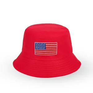 Close-up of US flag embroidery on red cotton bucket hat with parallel stitched brim